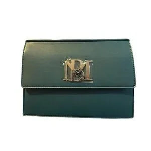 Dark green vegan leather crossbody purse with metallic logo on front.