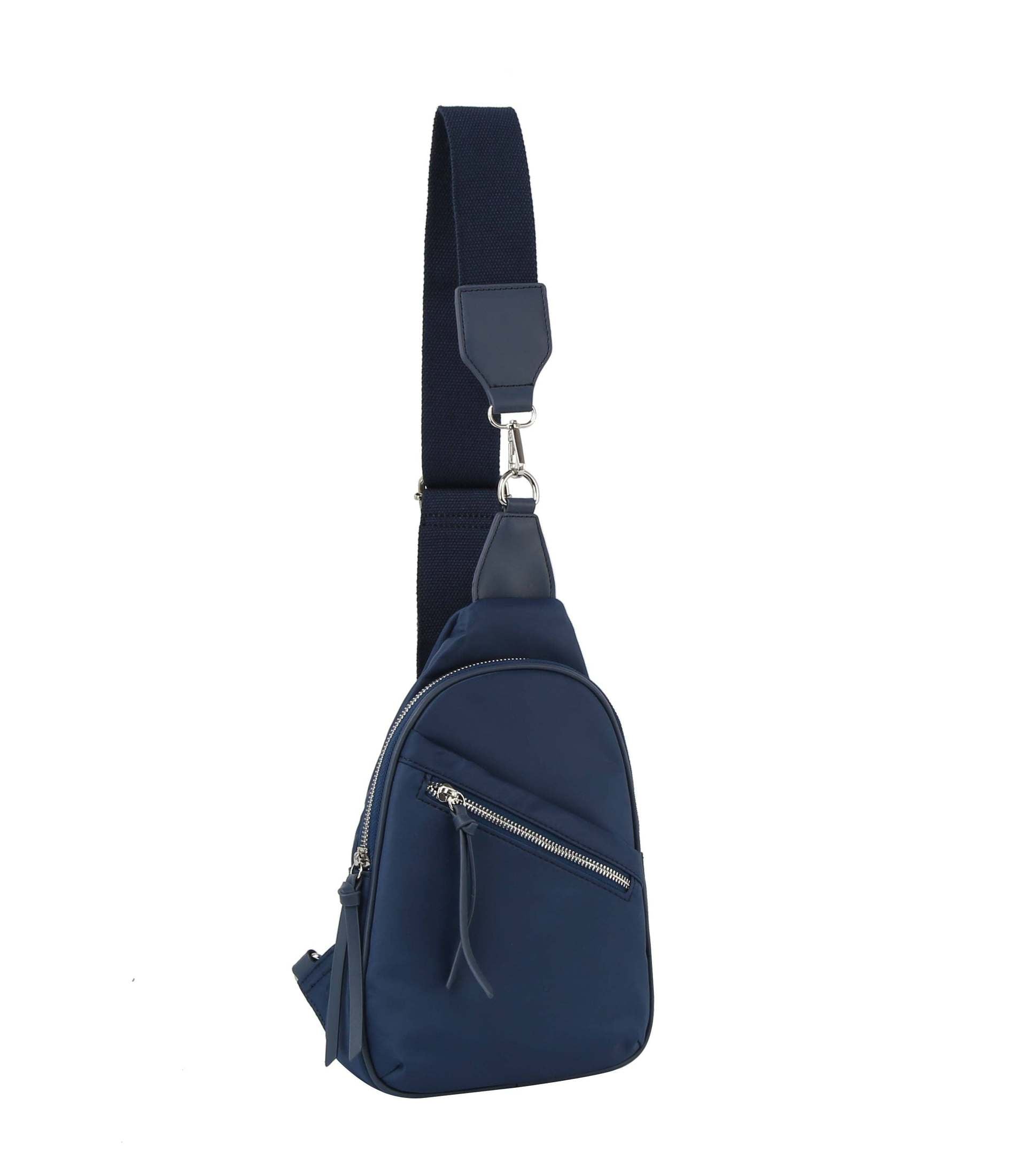 Diagnal zip front sling backpack