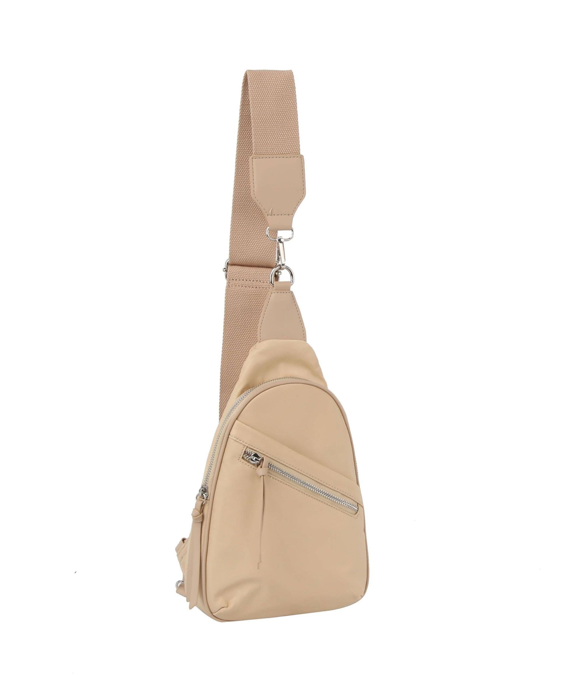 Diagnal zip front sling backpack