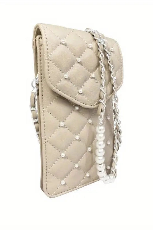 Diamond Quilted Studded Pearls Crossbody Phone Case