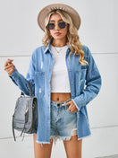 Switch Distressed Raw Hem Dropped Shoulder Denim Jacket 3 image