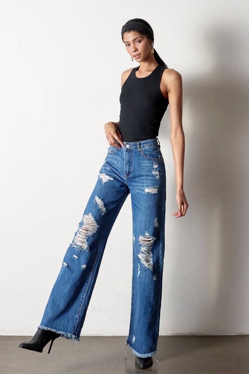 High Rise Distressed Frayed Hem Dad Jeans