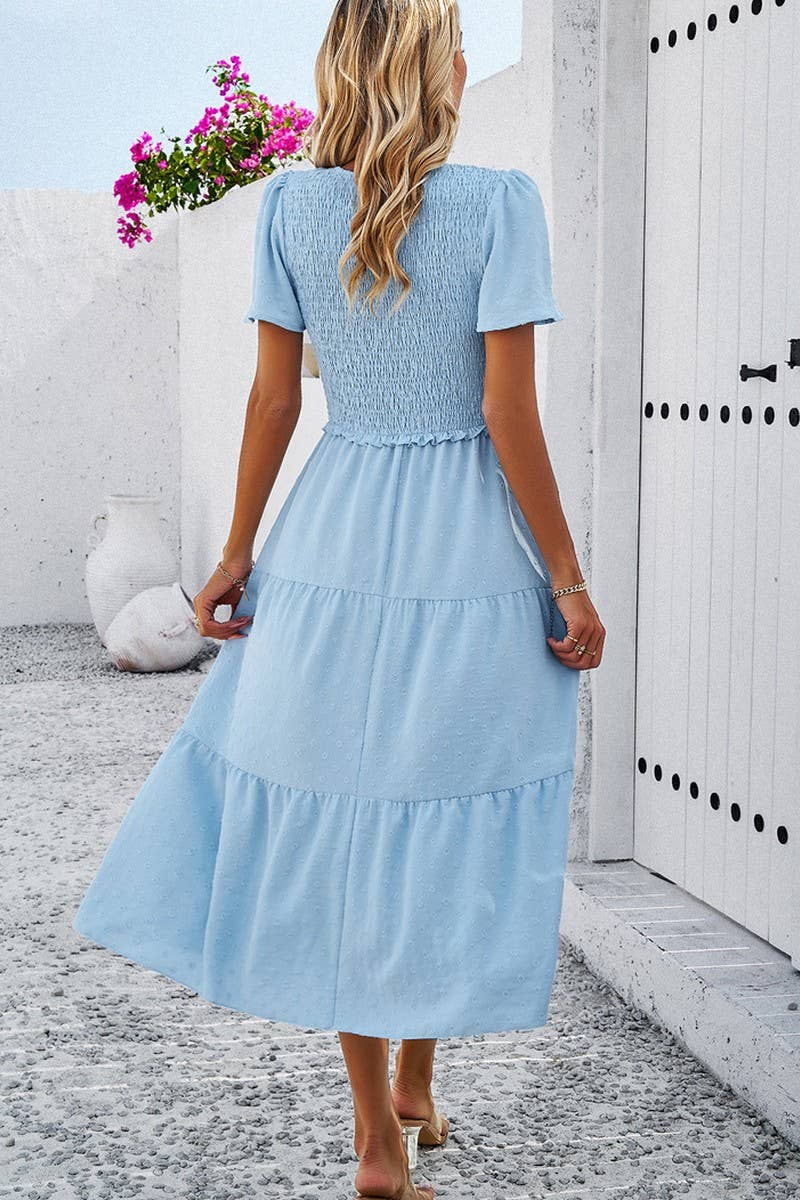 Leisure Pure Sky Blue Color V Neck Short Sleeve Dress-zoom-