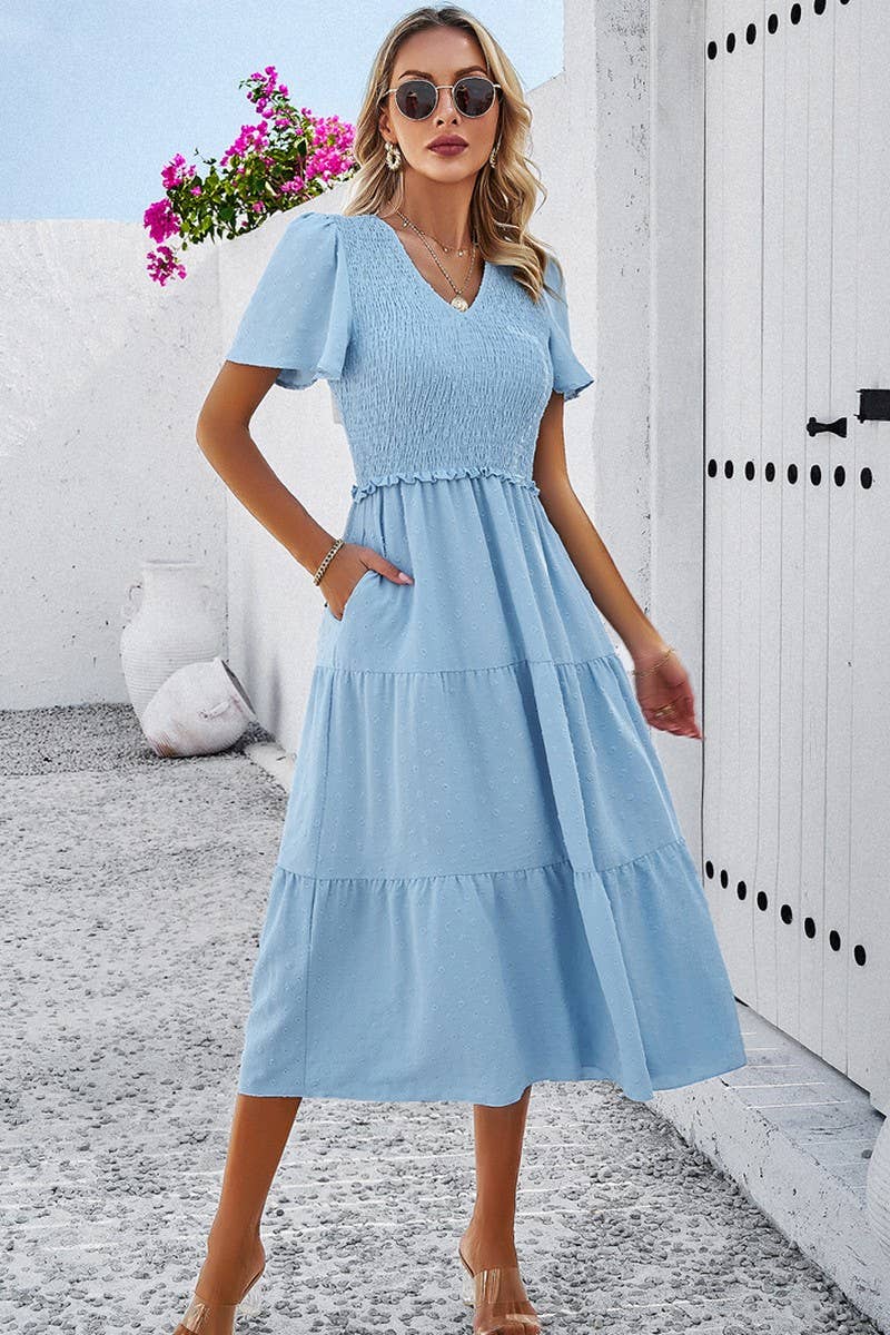 Leisure Pure Sky Blue Color V Neck Short Sleeve Dress-zoom-2