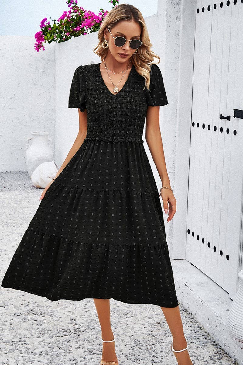 Leisure Pure Color V Neck Short Sleeve Dress