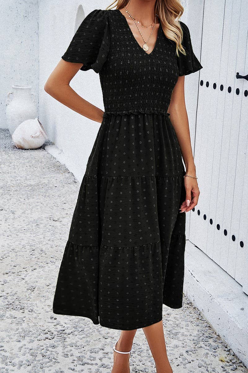 Leisure Pure Color V Neck Short Sleeve Dress