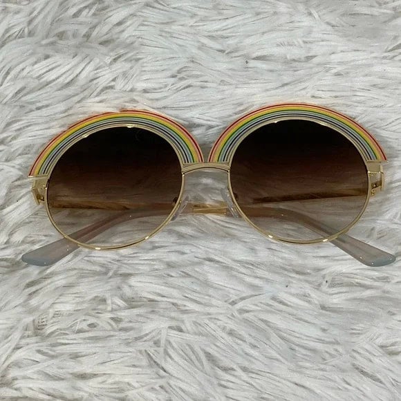 Oversized Rainbow Retro Sunnies Sunglasses Brown Tan Tinted Lens Gold