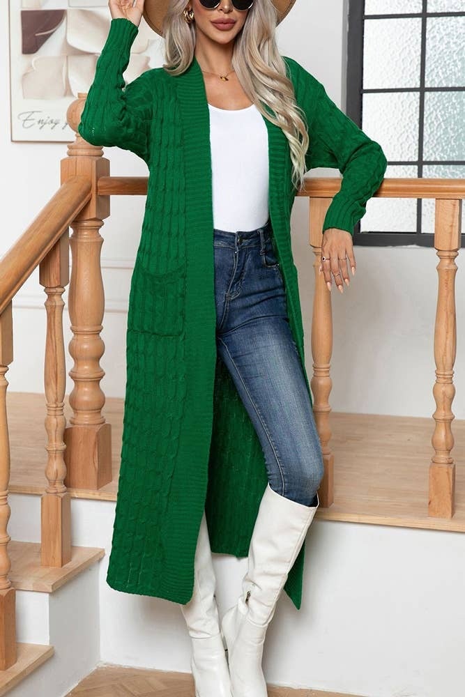 Schlichter offener Cardigan mit Zopfmuster und Taschen