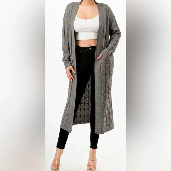 Schlichter offener Cardigan mit Zopfmuster und Taschen