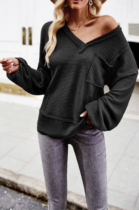 Popcorn Texture Black V-Neck Top