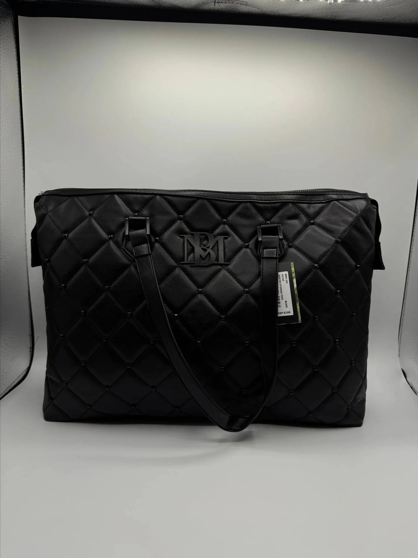 Quilted Studded Large Black Tote Bag with Crossbody Strap