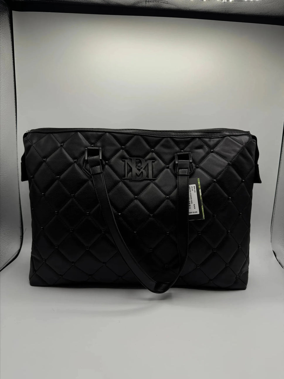 Quilted Studded Large Black Tote Bag with Crossbody Strap