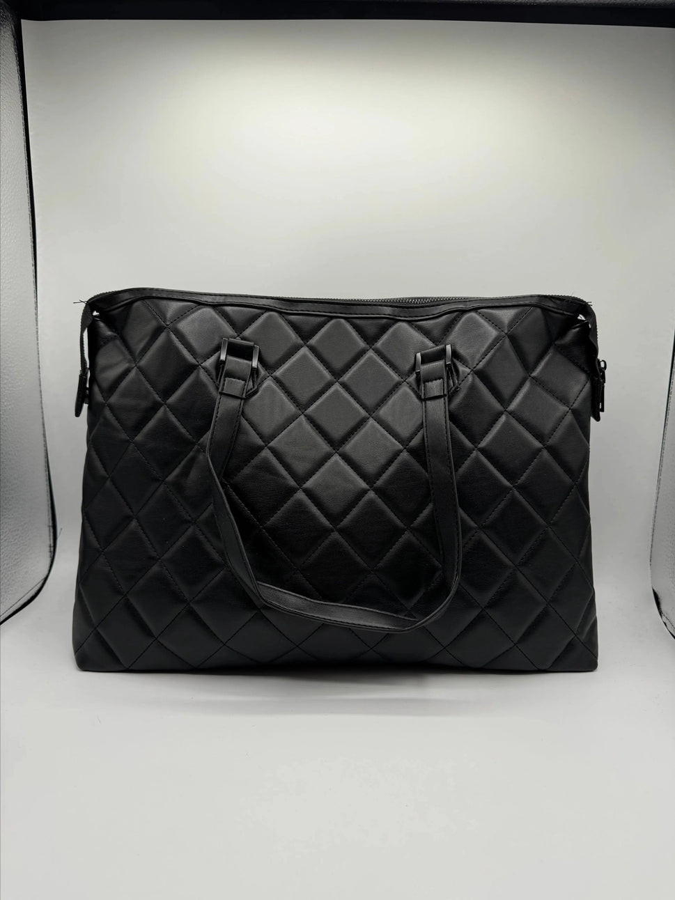 Quilted Studded Large Black Tote Bag with Crossbody Strap