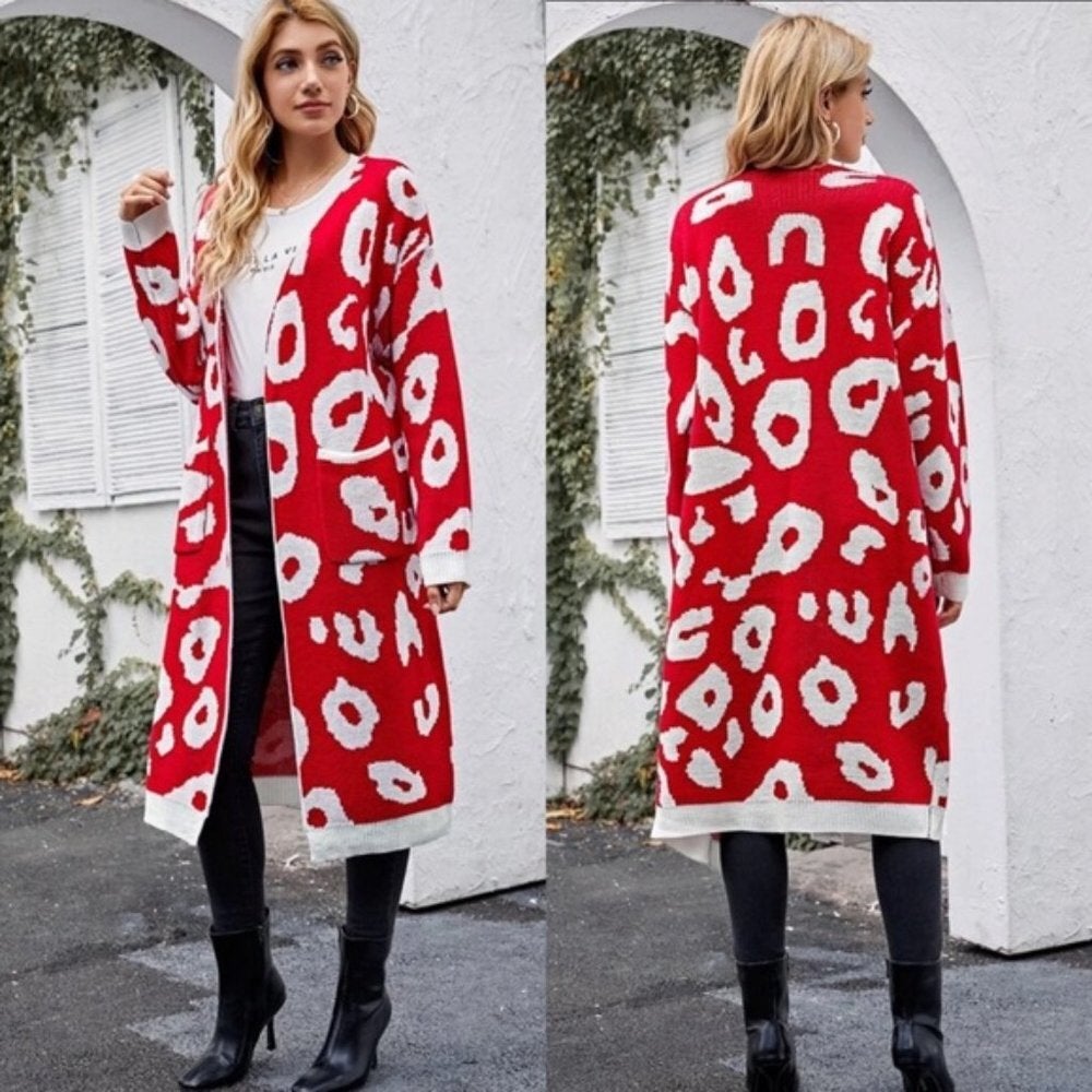 Red Open Front Leopard Print Cardigan