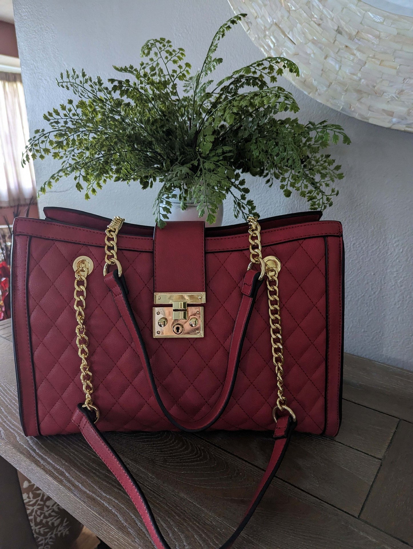 Red Quilted Double Flap Chain Tote with Wallet