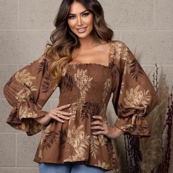 Rich Mocha Brown Fern Leaf Print Women's Top