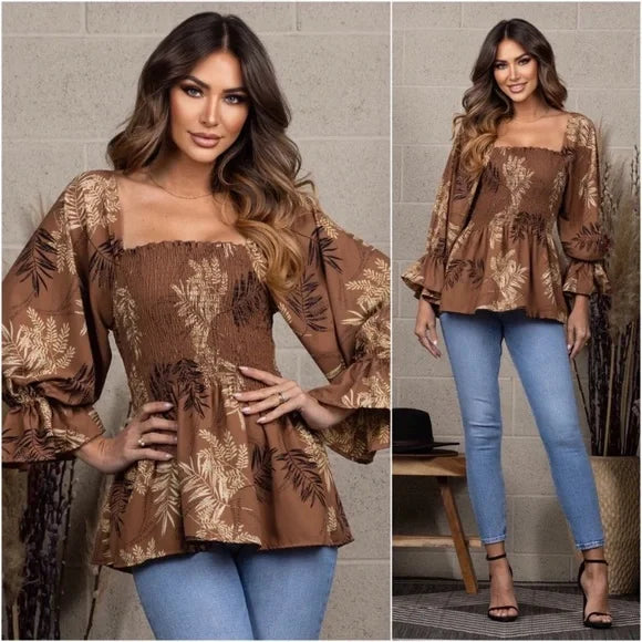 Rich Mocha Brown Fern Leaf Print Women's Top