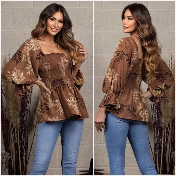 Rich Mocha Brown Fern Leaf Print Women's Top