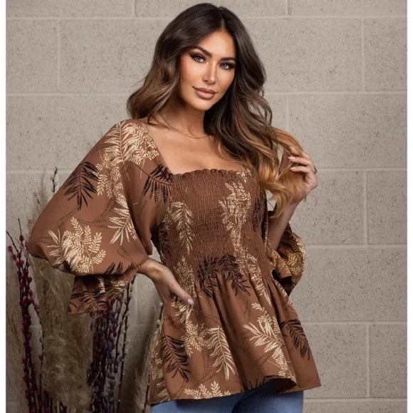 Rich Mocha Brown Fern Leaf Print Women's Top