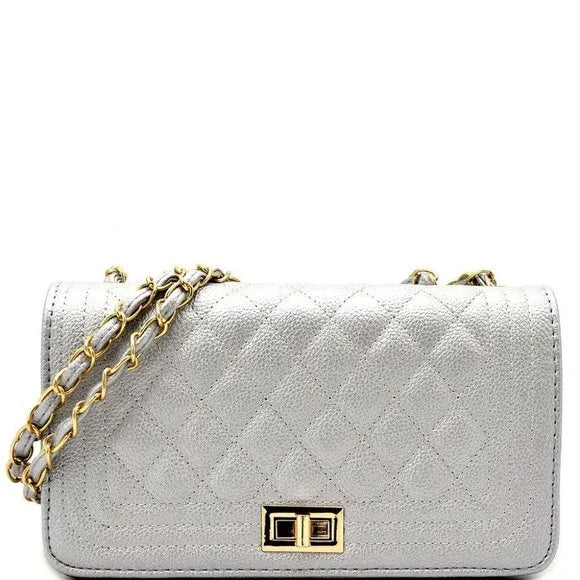 Silver Quilted Crossbody Handbag