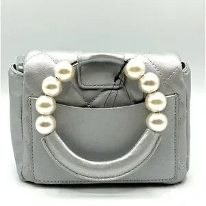 Mini Faux Pearl Embellished Top Handle Metallic Grey Bag