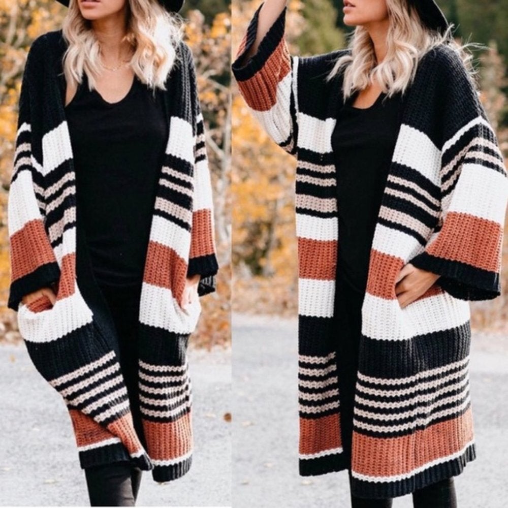 Gestreifter Langer Pullover Cardigan