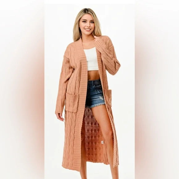 Tan Cable Sweater Long Cardigan