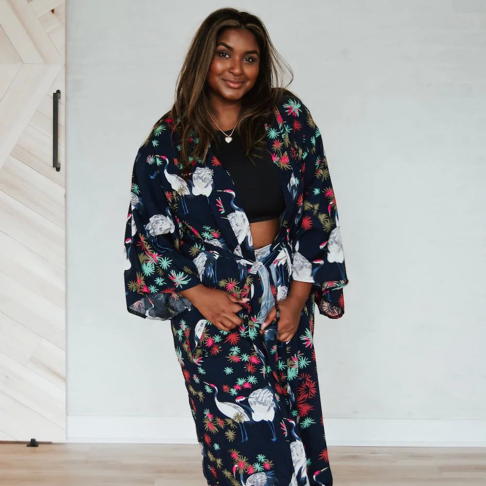 Tropical Birds Tie Front Kimono