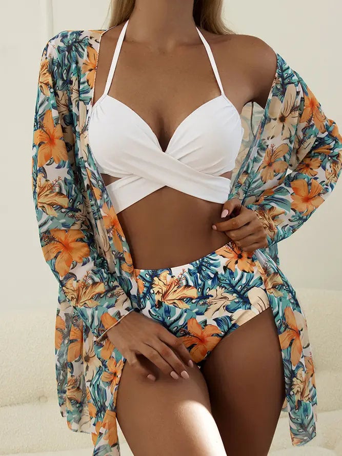 Twisted Bikini Set with Tropical Kimono