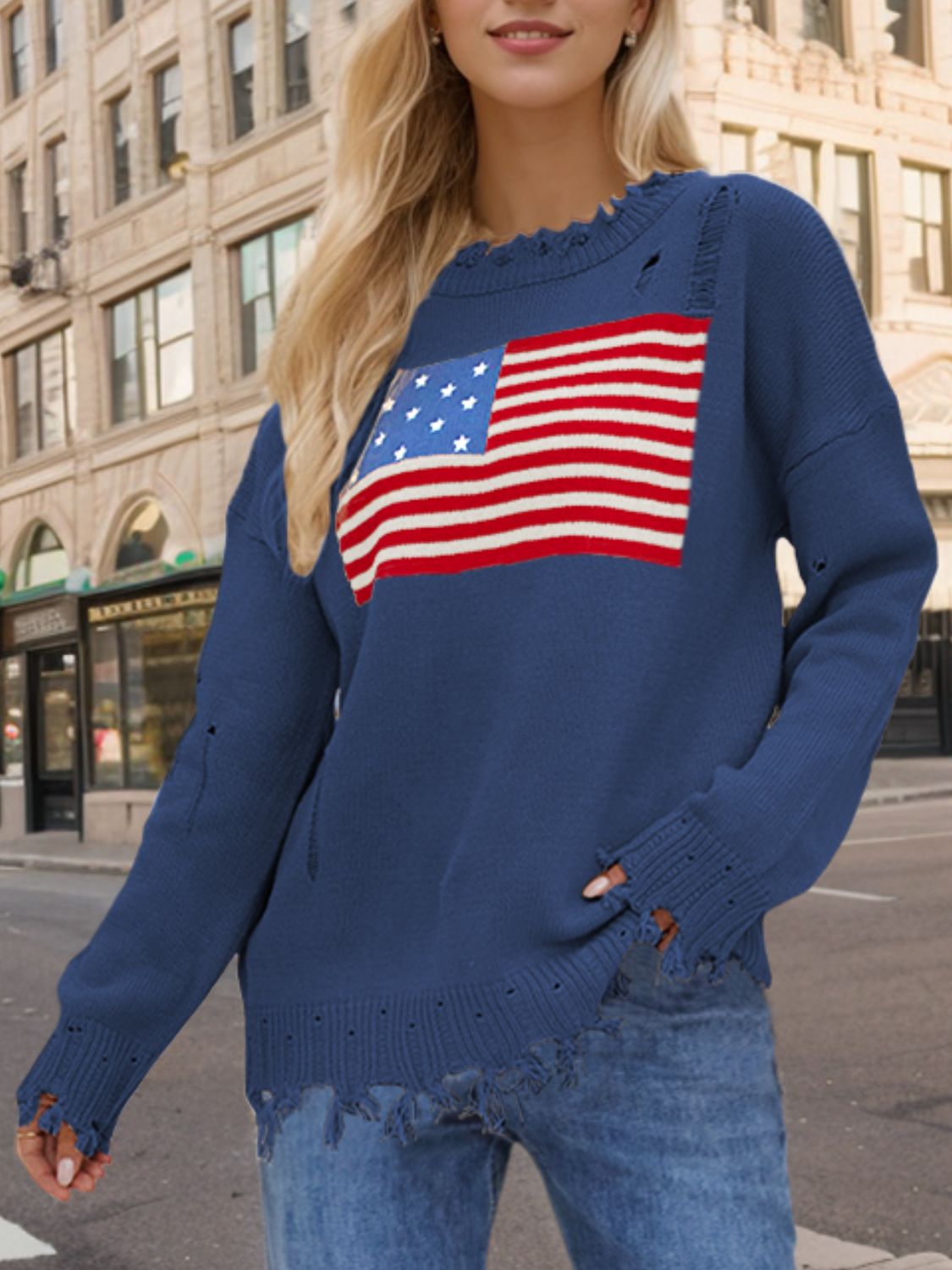 Pullover mit Rundhalsausschnitt und langen Ärmeln im Distressed-Look mit US-Flagge