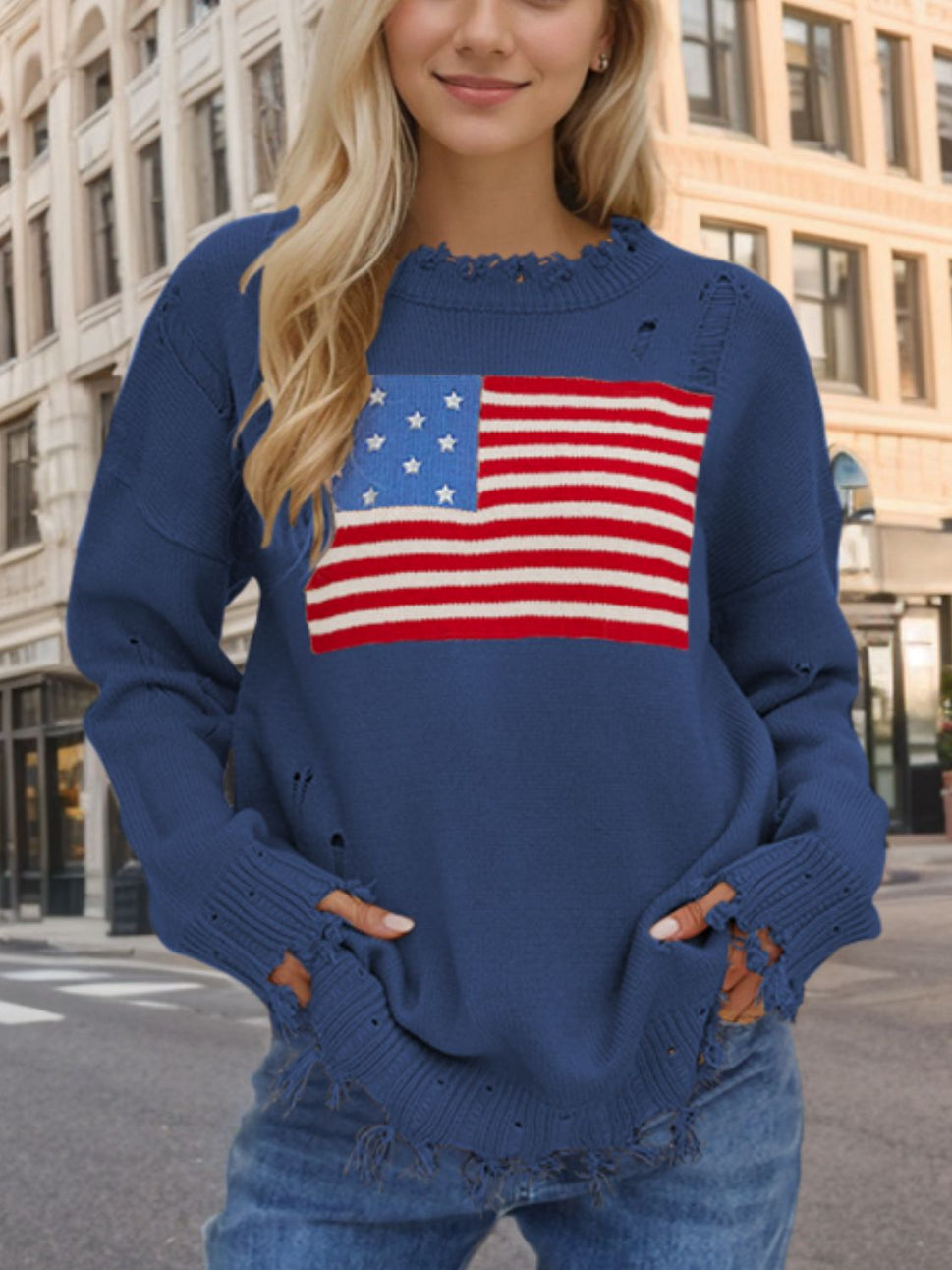 Pullover mit Rundhalsausschnitt und langen Ärmeln im Distressed-Look mit US-Flagge