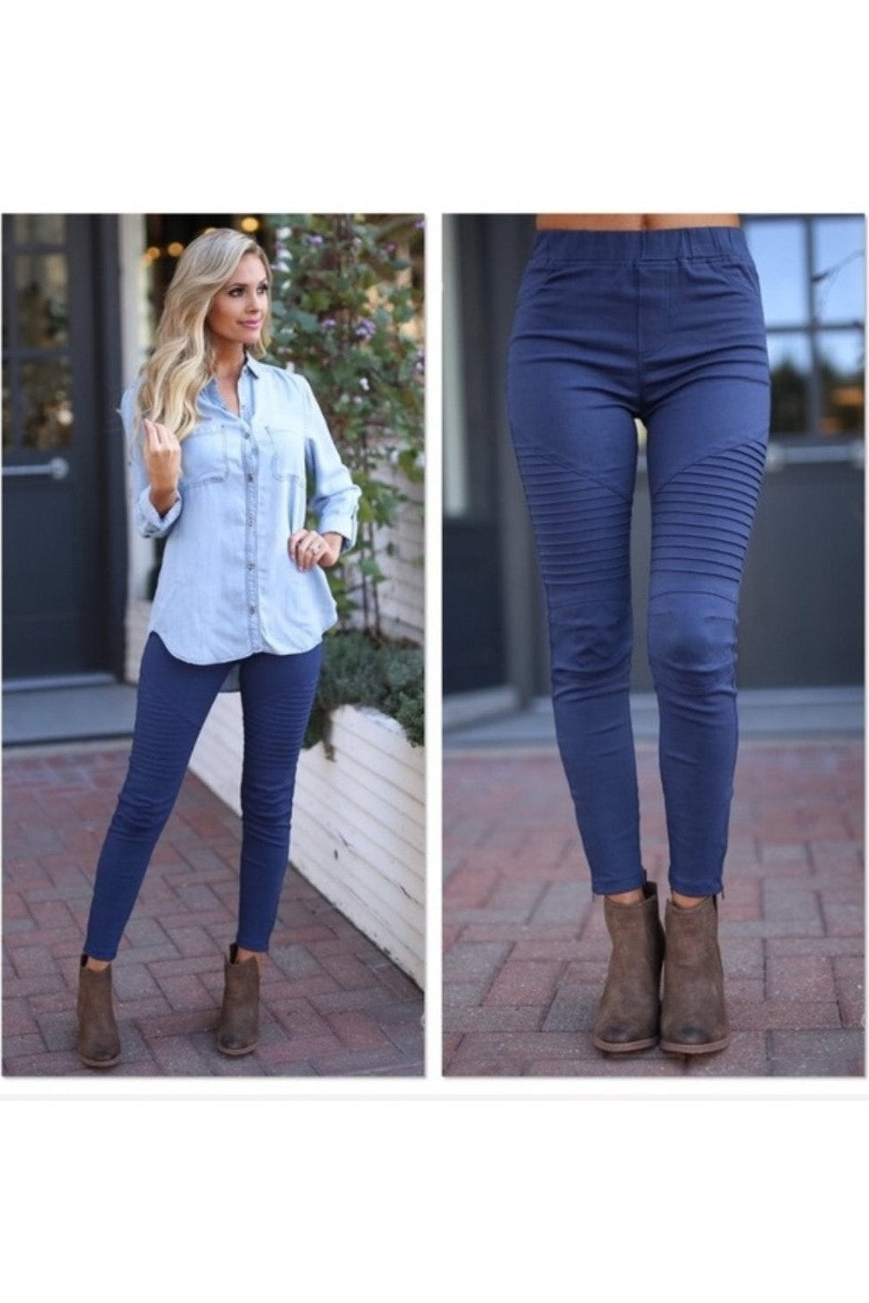 Umgee Navy Moto Jeggings with embossed thigh design, paired with a light shirt and brown ankle boots.