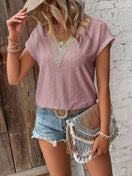 Wechseln V Neck Lace Edge Eyelet Pattern Top 2 Bild