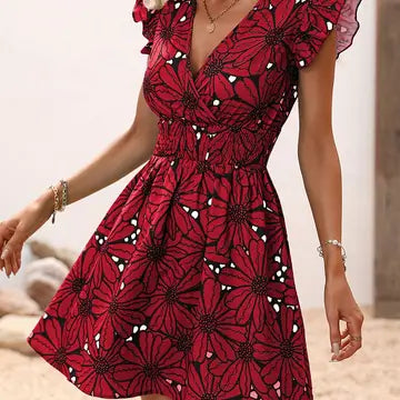 V-Neck Sexy Big Flower Ruffled Sleeveless Dress Delight