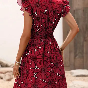 V-Neck Sexy Big Flower Ruffled Sleeveless Dress Delight-zoom-