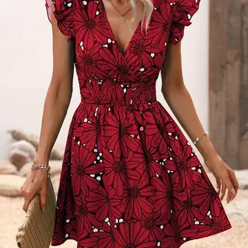 V-Neck Sexy Big Flower Ruffled Sleeveless Dress Delight-zoom-