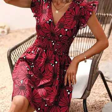 V-Neck Sexy Big Flower Ruffled Sleeveless Dress Delight-zoom-2