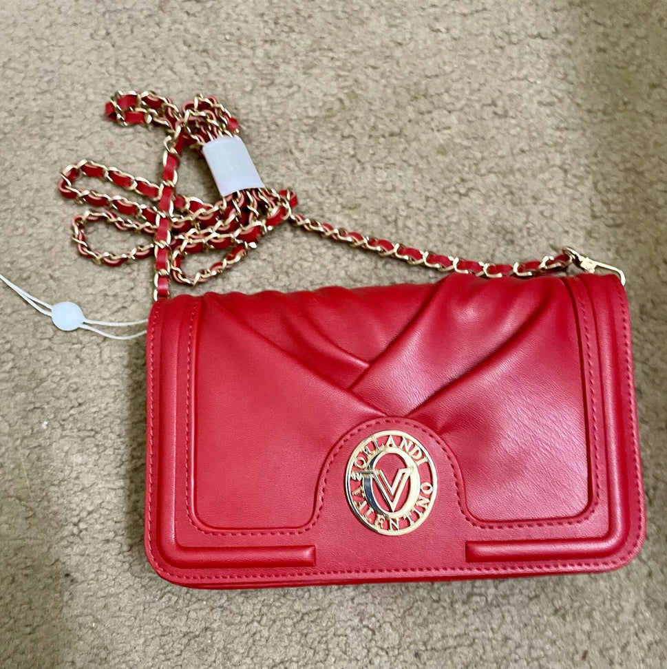 Red Vegan Leather Pleated Crossbody Bag with Gold Hardware