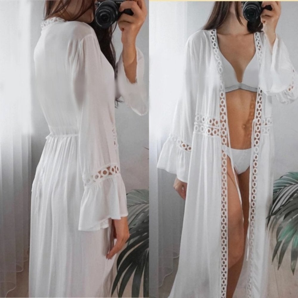 White Long Sleeve Cardigan Cover Up