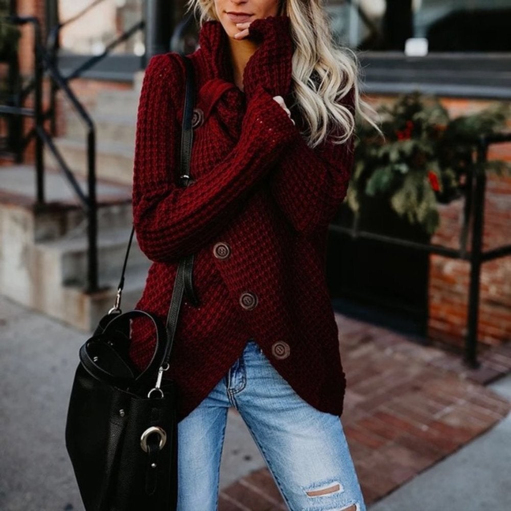 Wine Red Button Embellished Sweater 