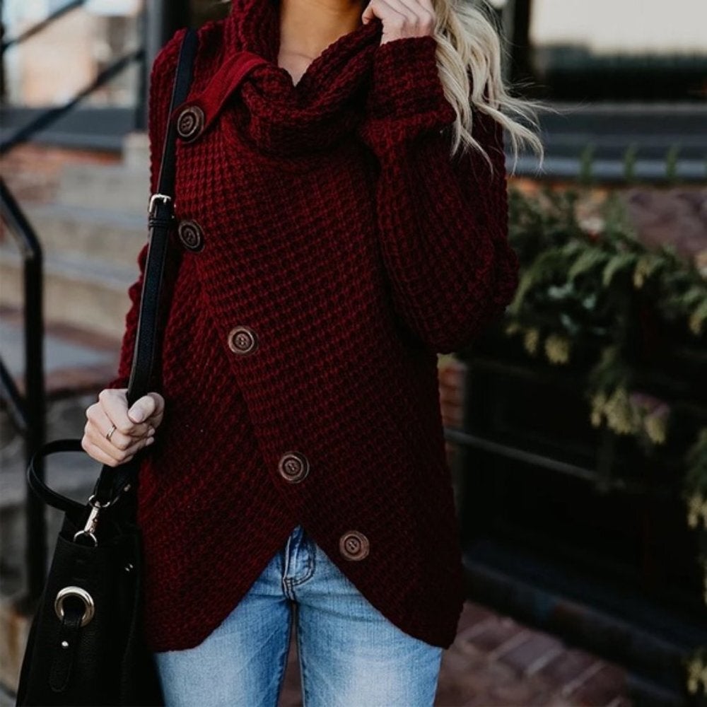 Wine Red Button Embellished Sweater 