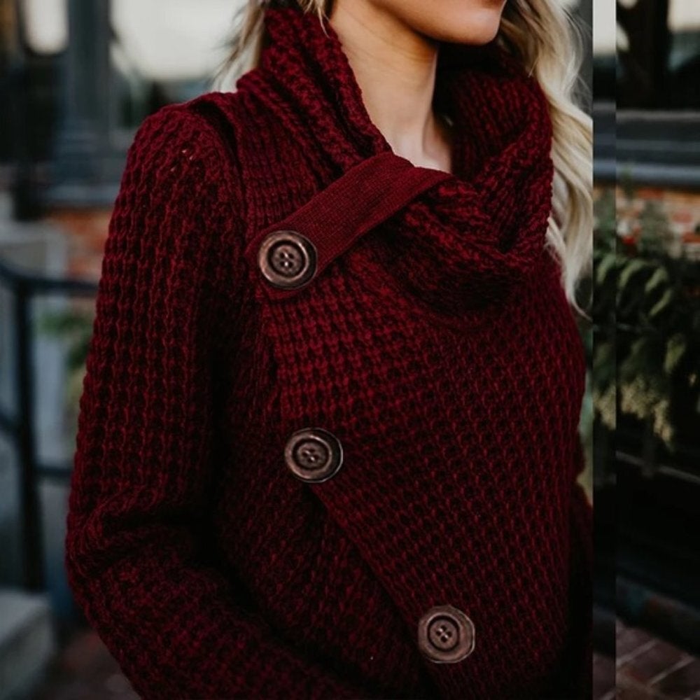 Wine Red Button Embellished Sweater 