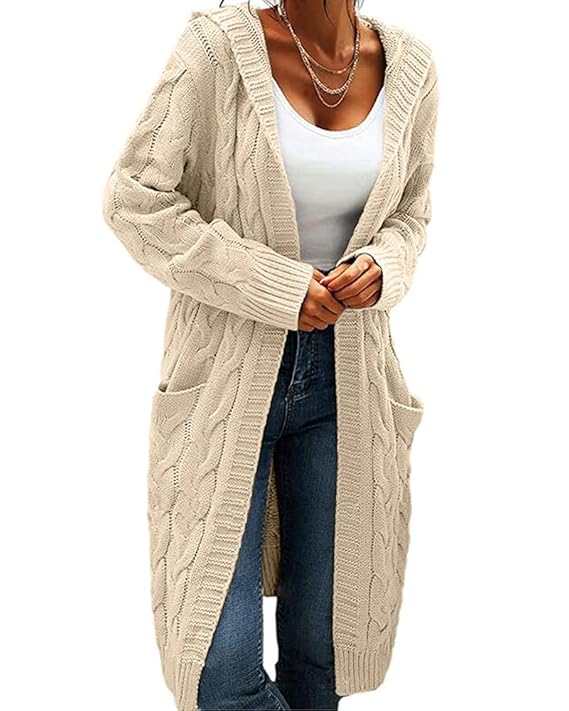 Damen Strickjacke mit Kapuze und offener Vorderseite, langer Pullover