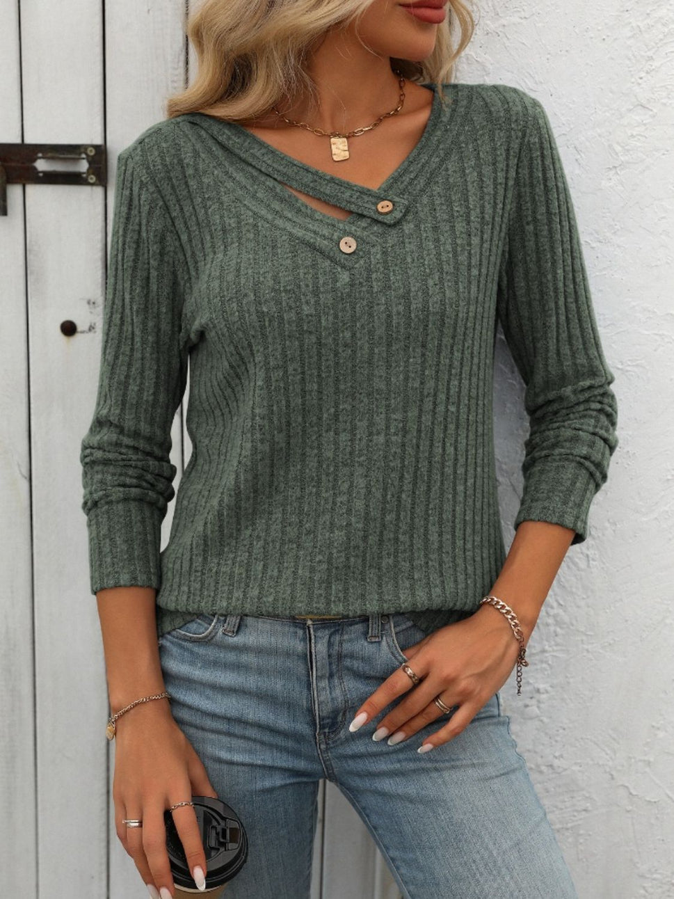 Ribbed V-Neck Long Sleeve T-Shirt