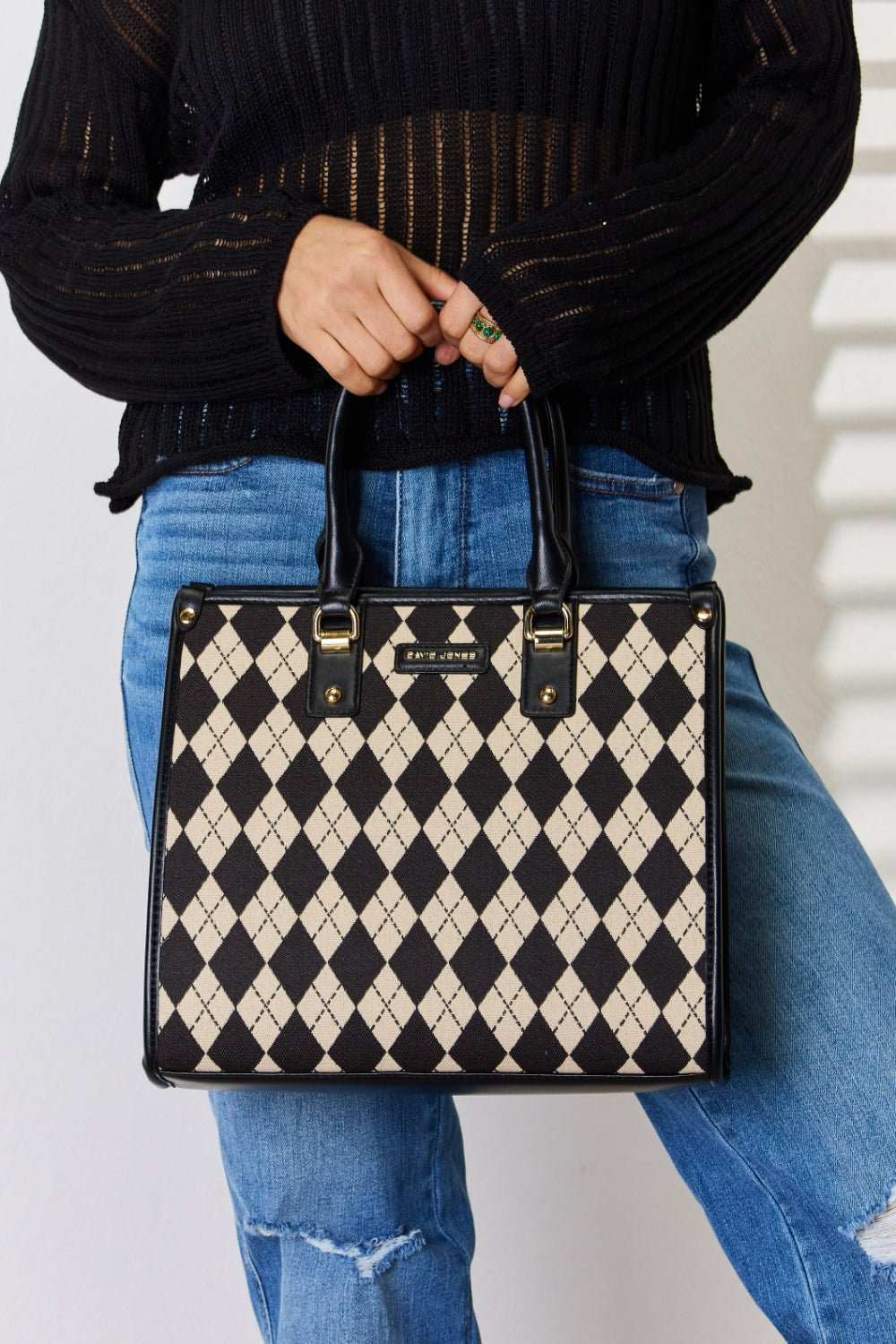 Argyle Pattern PU Leather Handbag - Primrose Signature Boutique