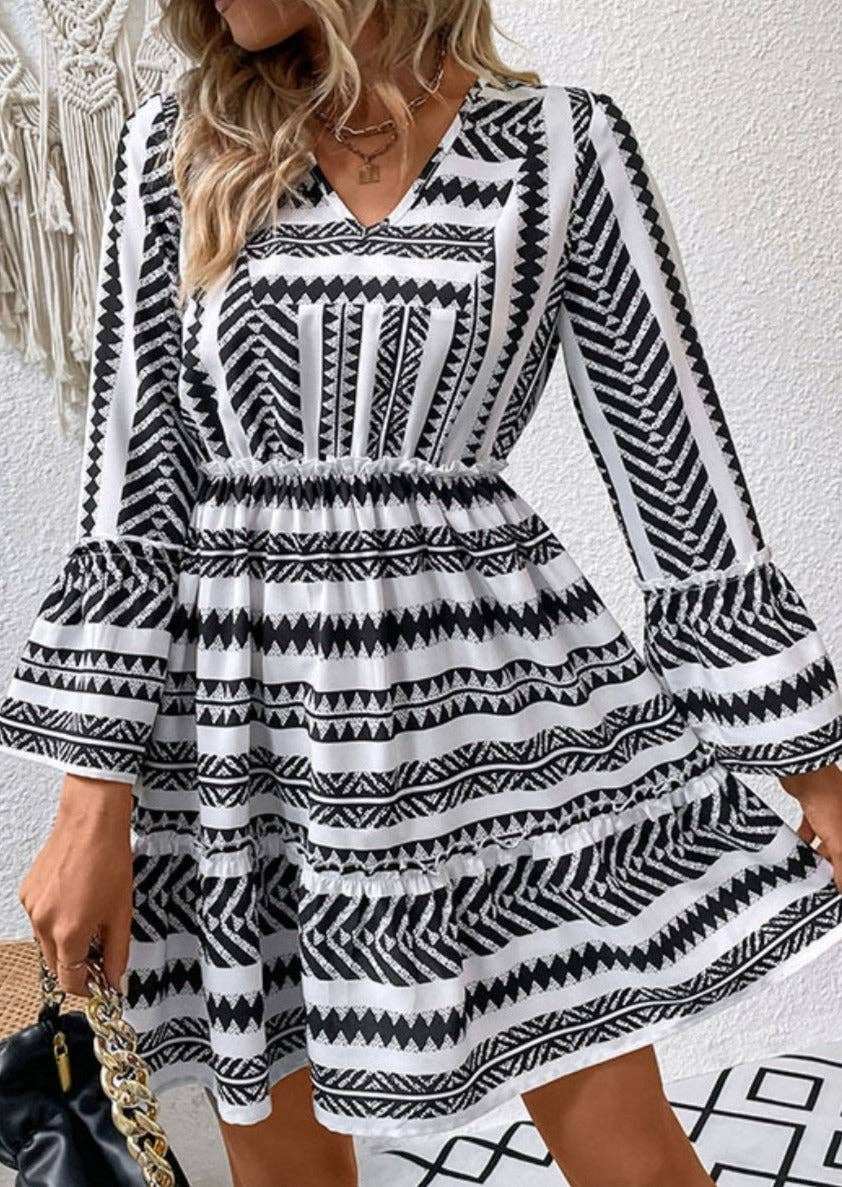 Aztec Print Bell Sleeve Dress - Primrose Signature Boutique