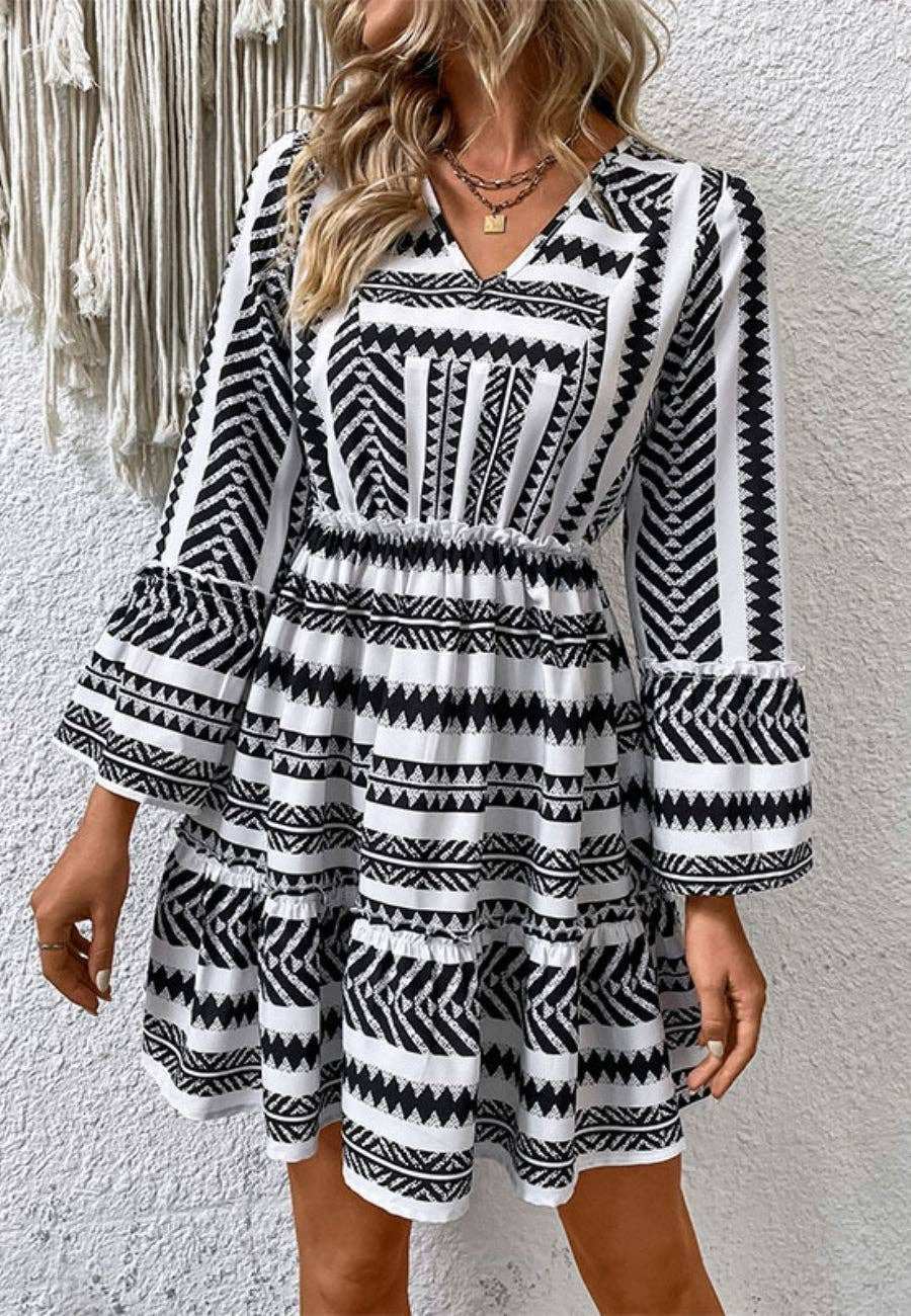 Aztec Print Bell Sleeve Dress - Primrose Signature Boutique
