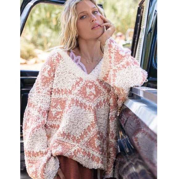 Aztec Salmon White Sweater - Primrose Signature Boutique