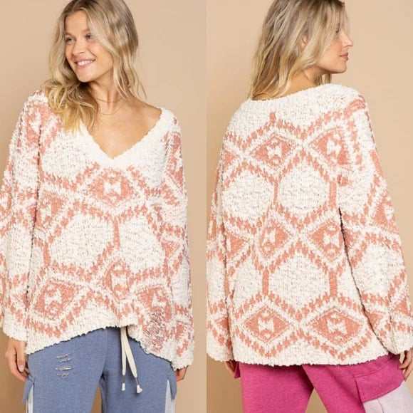 Aztec Salmon White Sweater - Primrose Signature Boutique