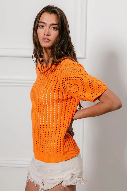 BiBi Crochet Knit Cover Up With Puff Sleeves-zoom-